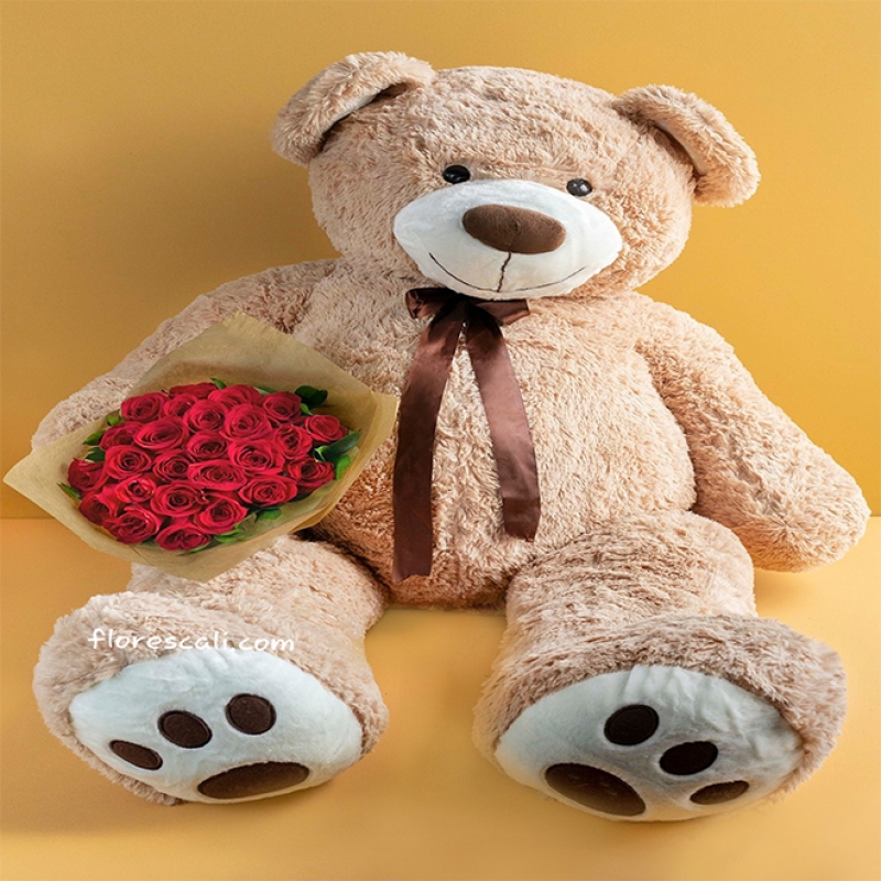Oso de peluche grande con bouquet x 12 rosas flores en cali